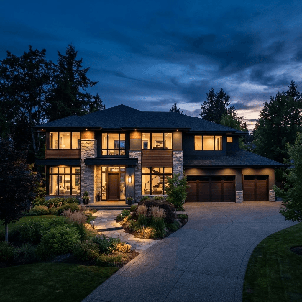 Modern home with a new roof at dusk