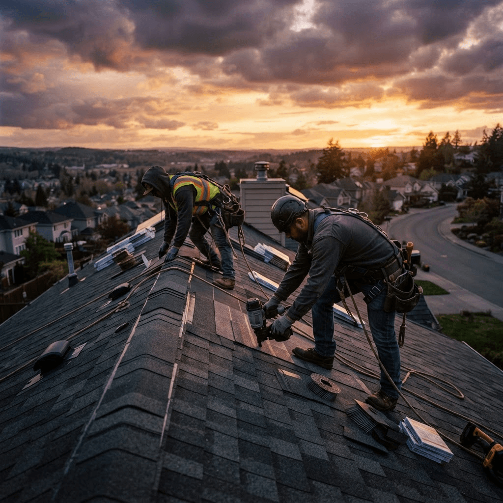 Roofing contractors installing shingles at golden hour